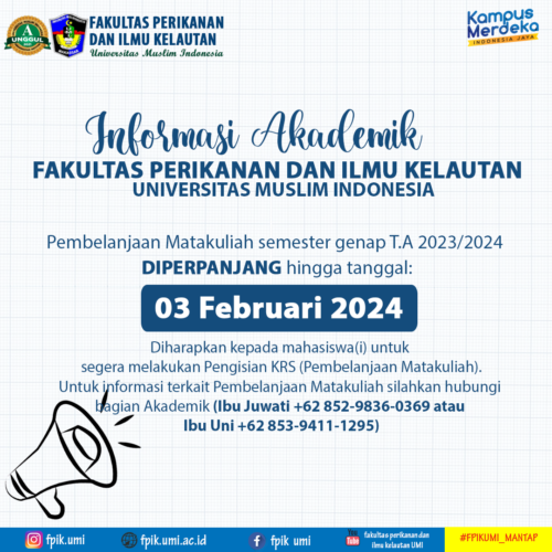 Pengisian KRS (Pembelanjaan Matakuliah) Semester Genap T.A 2023/2024 diperpanjang s.d 03 Februari 2024